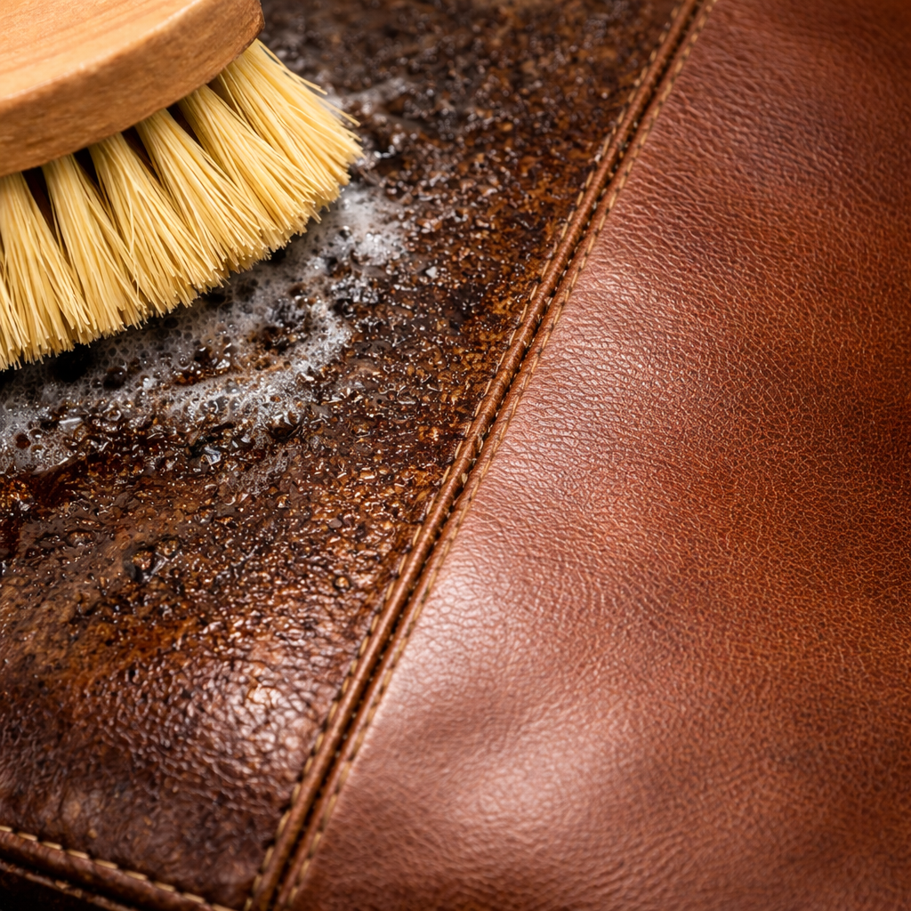 Nettoyage en profondeur d'un fauteuil en cuir avec brosse et savon spécial.