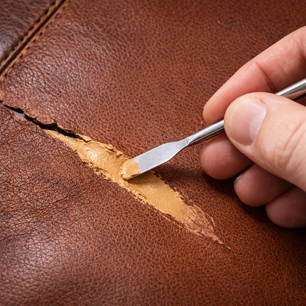 Réparation d'une griffure sur cuir avec mastic de comblement et spatule.